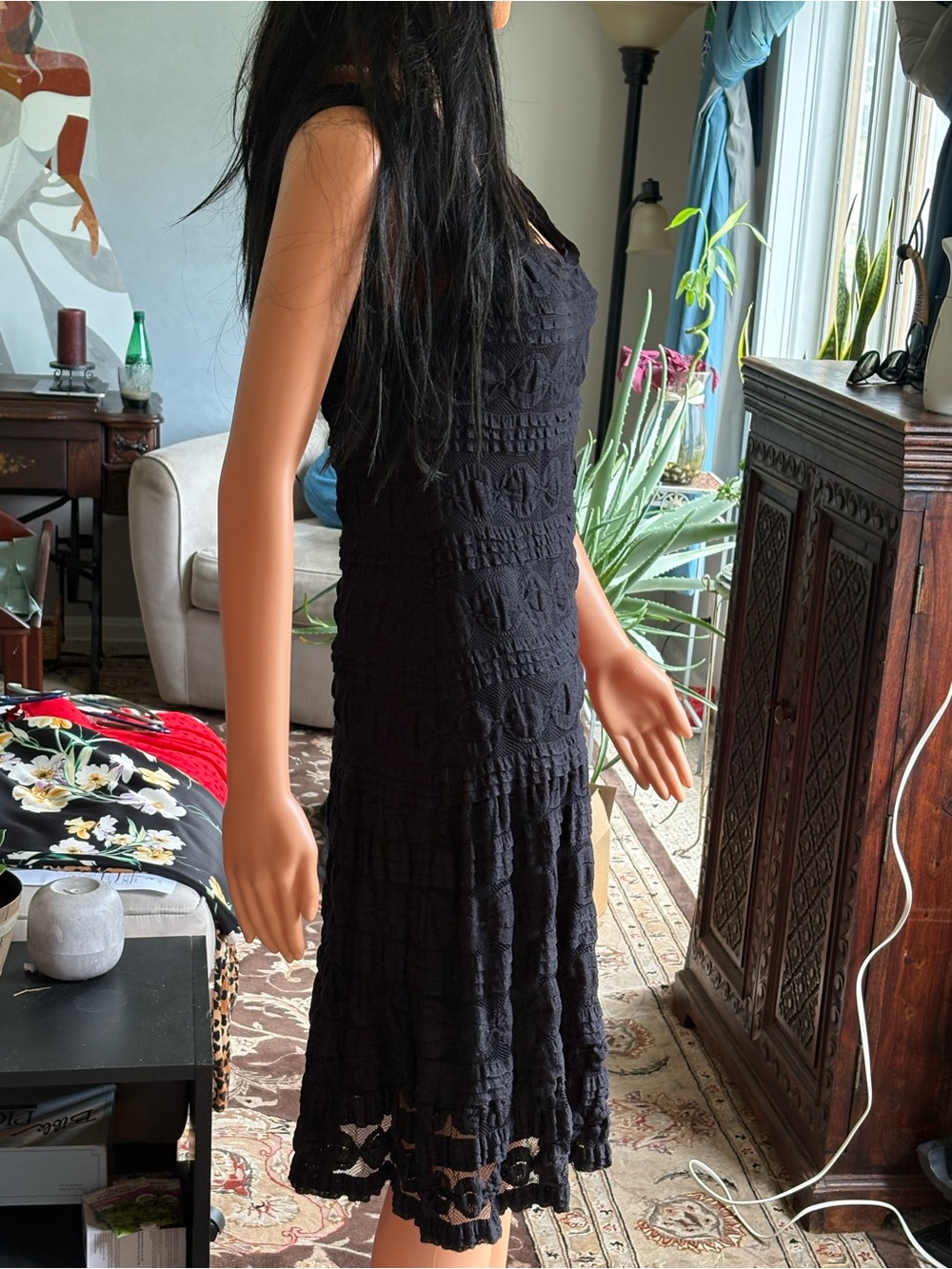 Max Studio Black Sleeveless Textured Midi Dress with Tiered Skirt - Picture 4 of 7
